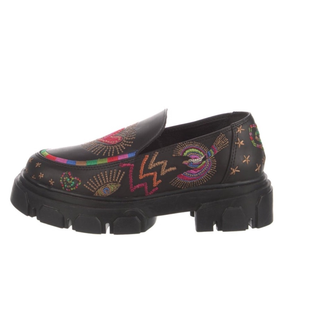 FARM Rio Anthropologie leather platform loafers, embroidered, size 7